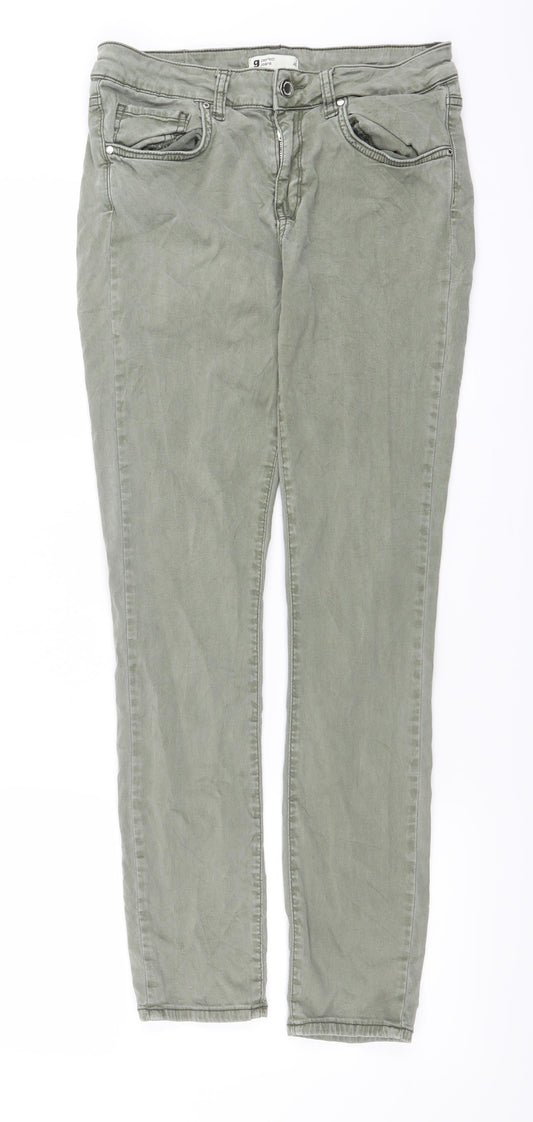 Front view of Perfect Jeans women’s green denim skinny jeans, size UK 26, 27-inch leg