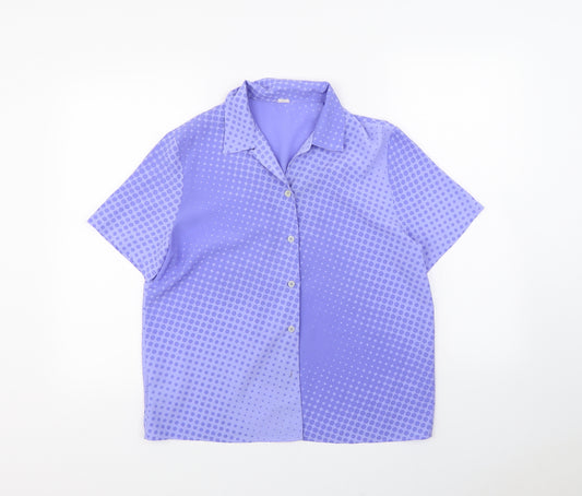 Front view of Preworn women’s purple polka dot basic button-up, size UK 12