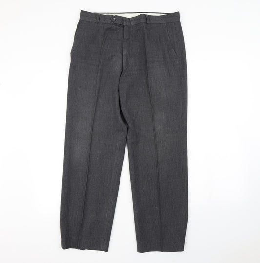 Front view of Berketex men’s grey dress pants trousers, size 34, in, 30-inch leg