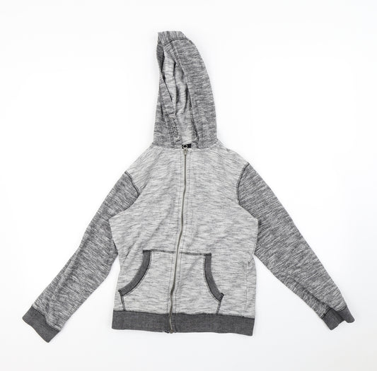 Front view of Preworn boys’ grey full zip hoodie, size 9, years - elbow pads