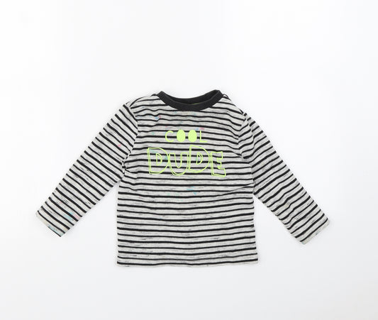 Front view of F&F boys’ black striped basic t-shirt, size 18-24, months