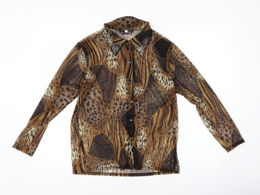 Front view of Donna Bella women’s brown animal print basic button-up, size L