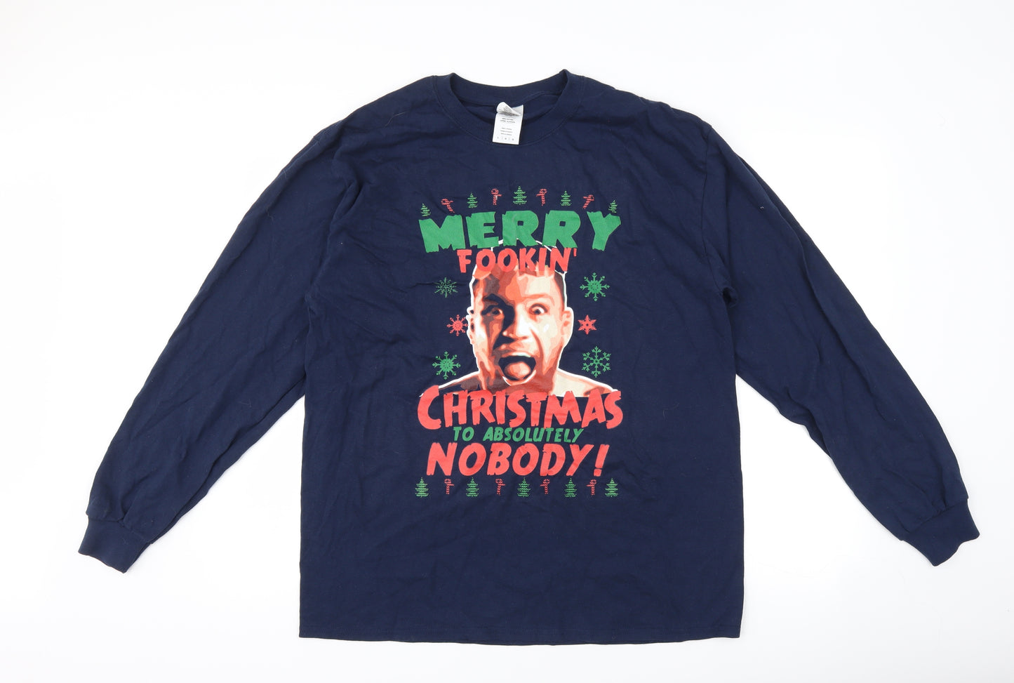 Gildan Mens Blue    T-Shirt Size L  - Merry Christmas