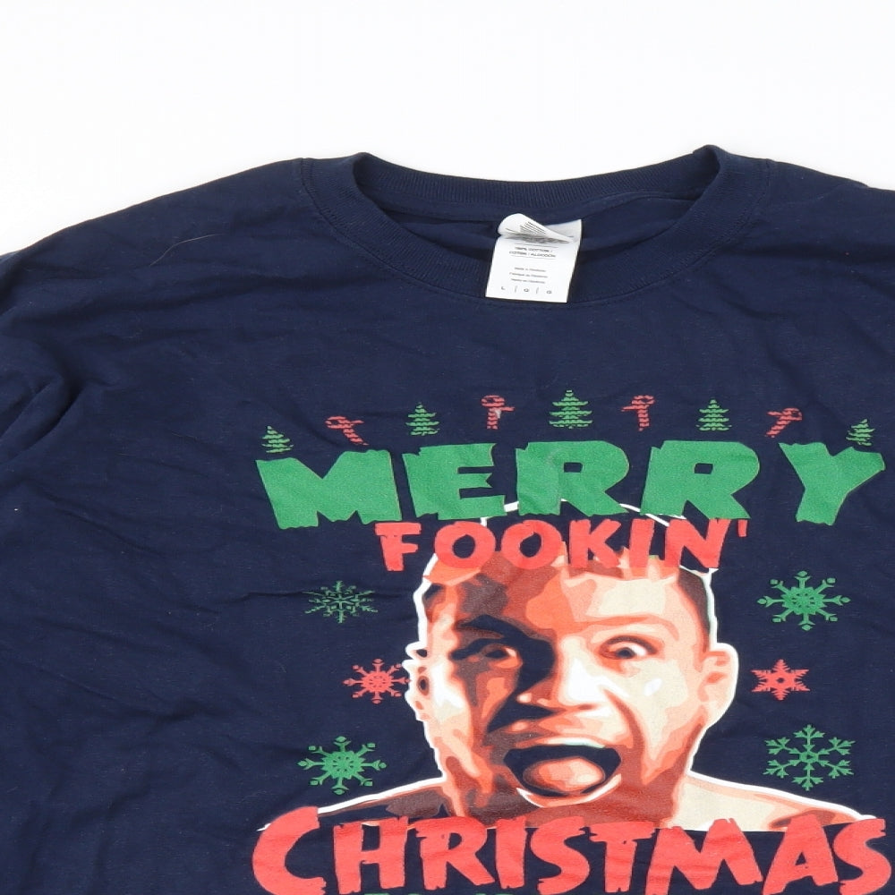 Gildan Mens Blue    T-Shirt Size L  - Merry Christmas
