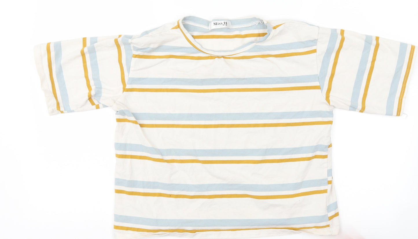 miss H Womens White Striped  Basic T-Shirt Size S