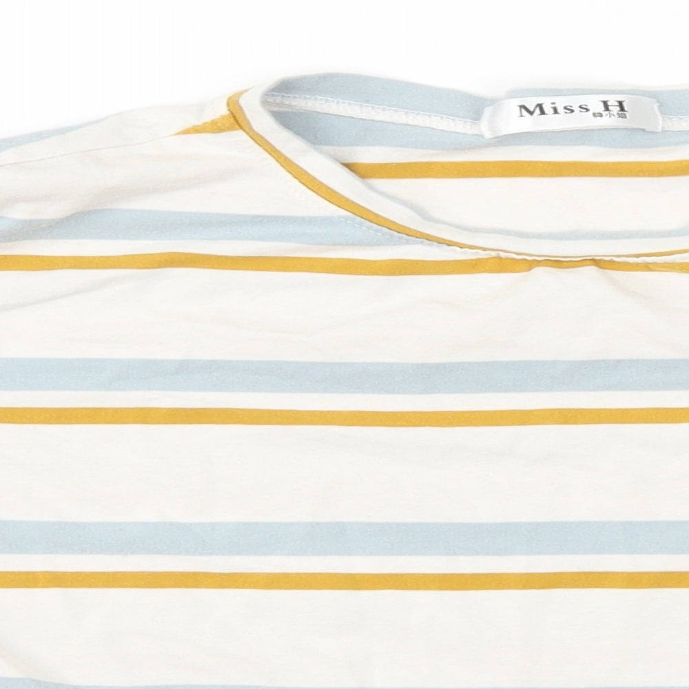 miss H Womens White Striped  Basic T-Shirt Size S