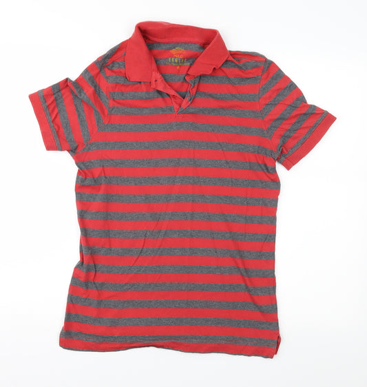 Front view of Engine men’s red striped polo, size M