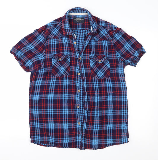 Front view of Pull&Bear men’s blue check button-up, size M