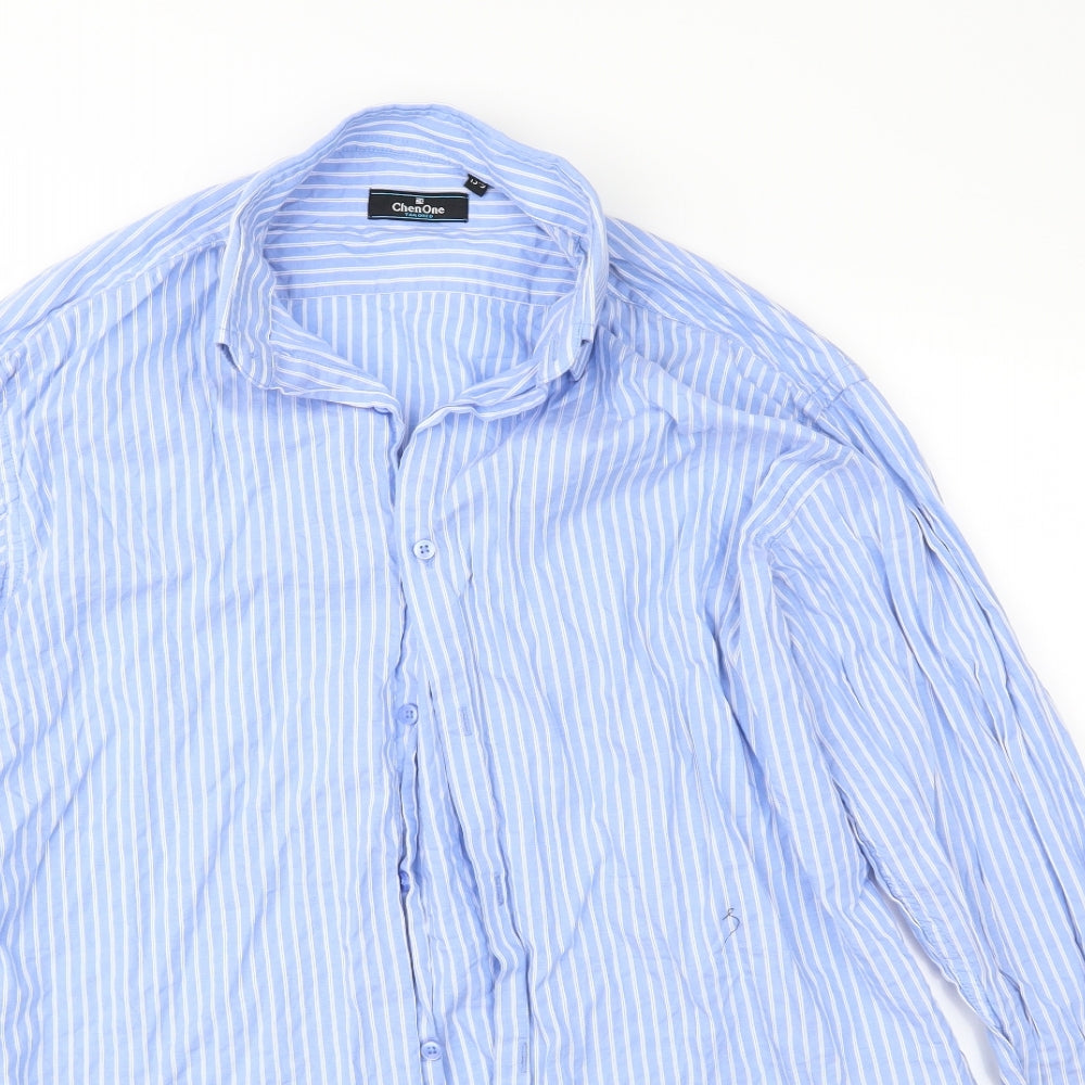 Chen One Mens Blue Striped   Button-Up Size 15.5