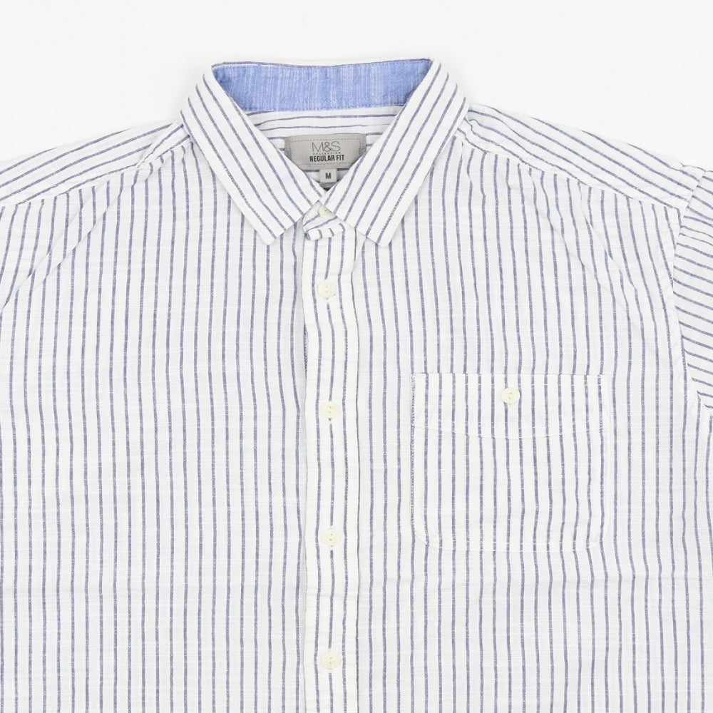 M&S Mens White Striped   Button-Up Size M