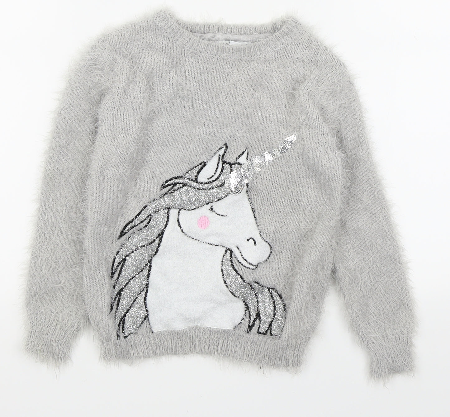 Primark Girls Grey   Pullover Jumper Size 8-9 Years  - unicorn