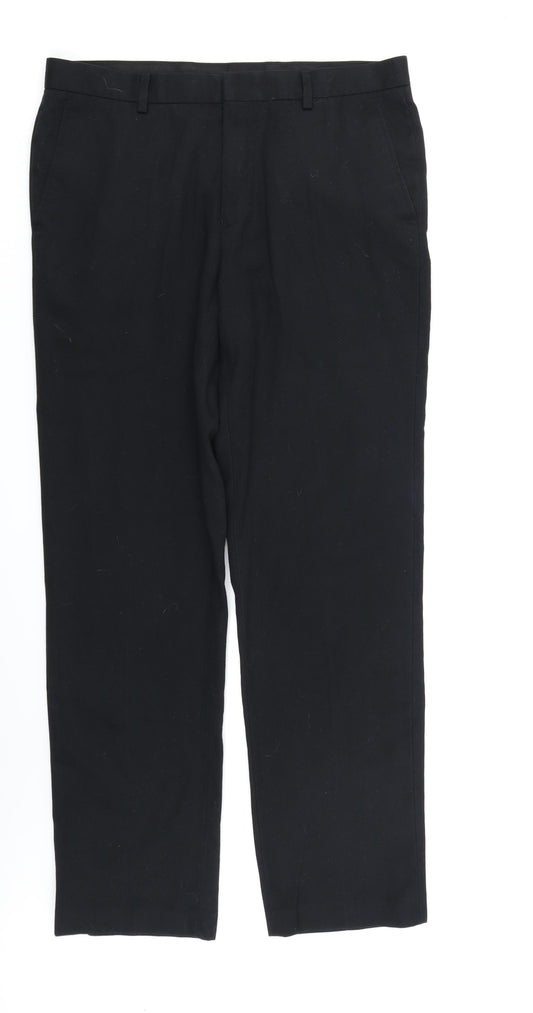 Front view of Burton men’s black trousers, size 34, in, 31-inch leg