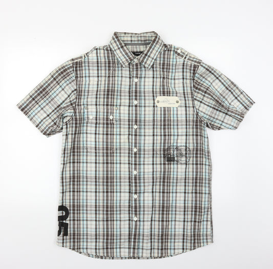 Front view of George men’s blue plaid button-up, size M