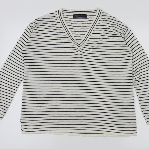 M&S Womens White Striped  Basic T-Shirt Size S
