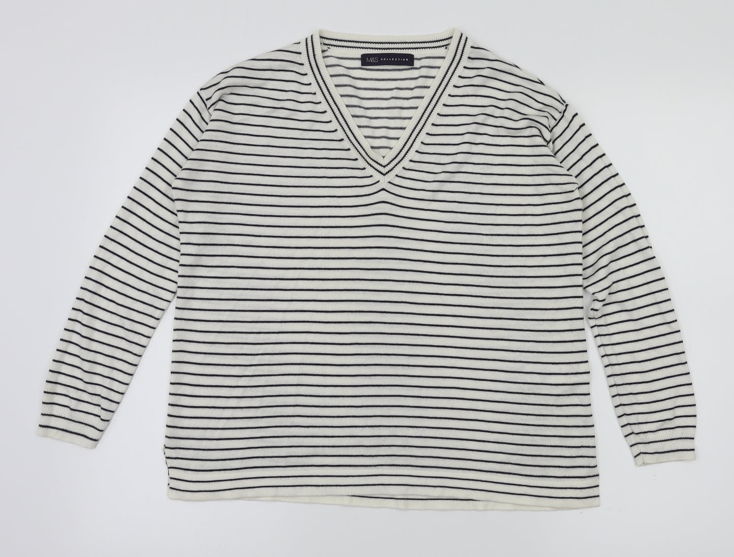M&S Womens White Striped  Basic T-Shirt Size S