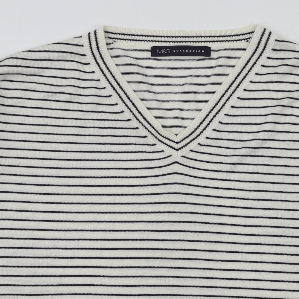 M&S Womens White Striped  Basic T-Shirt Size S