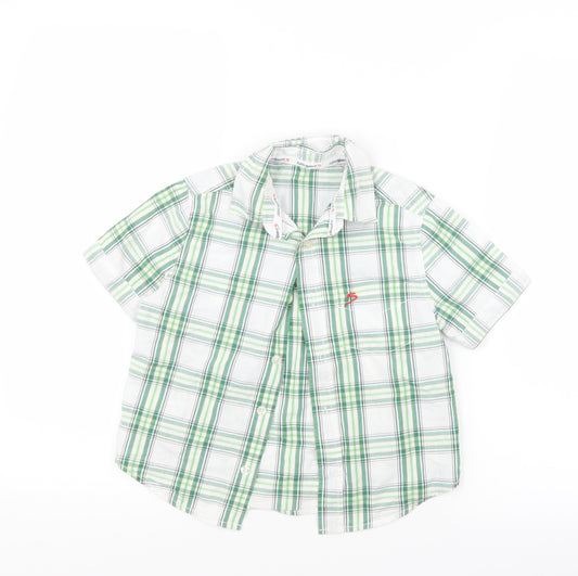 Front view of Woolworths boys’ green check basic button-up, size 4-5, years