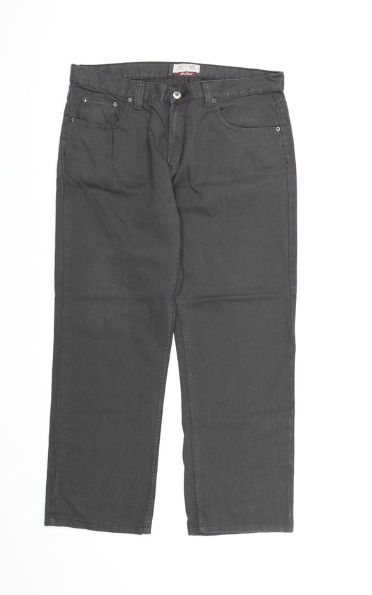 Front view of Tu men’s grey striped trousers, 28-inch leg