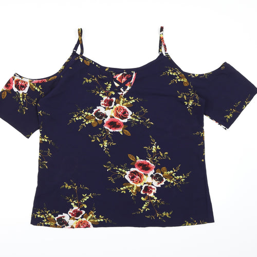 Preworn Womens Blue Floral  Basic Blouse Size 2XL