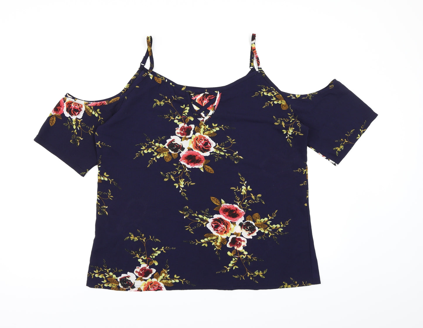 Preworn Womens Blue Floral  Basic Blouse Size 2XL