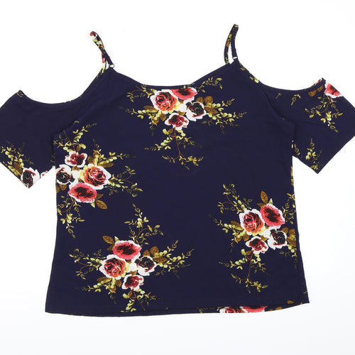 Preworn Womens Blue Floral  Basic Blouse Size 2XL