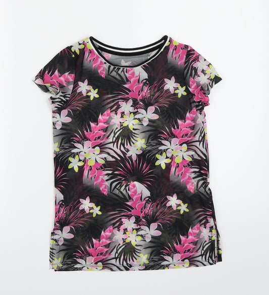 Front view of F&F girls’ black floral mesh basic t-shirt, size 7-8, years