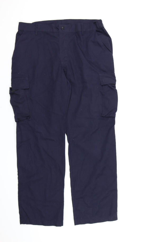 Front view of Alsico men’s blue canvas cargo trousers, 30-inch leg
