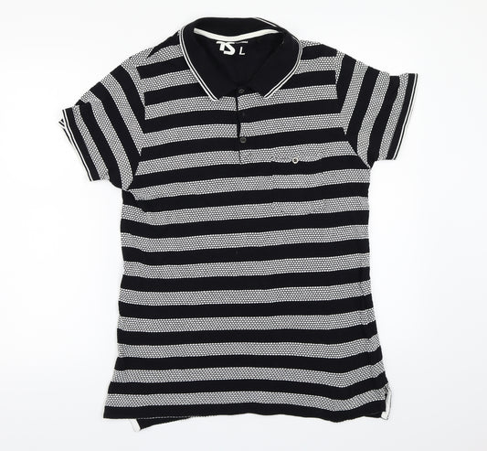 Front view of Twisted Soul men’s black striped polo, size L