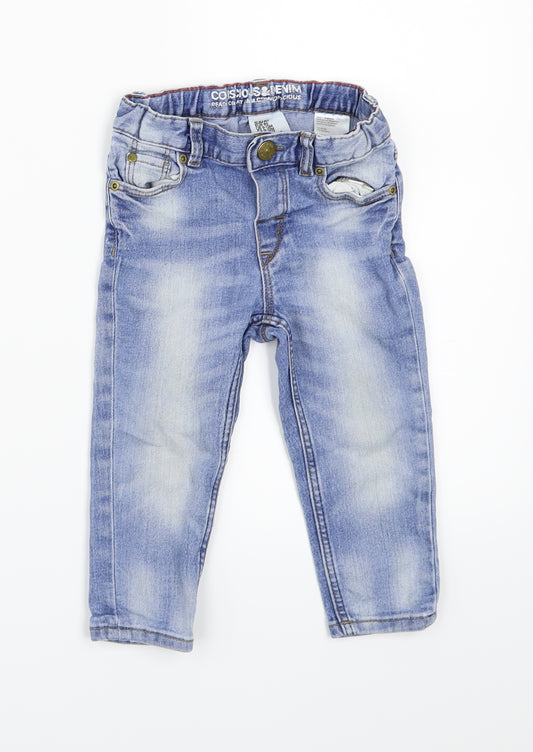 Front view of H&M boys’ blue denim cargo jeans, size 12, months