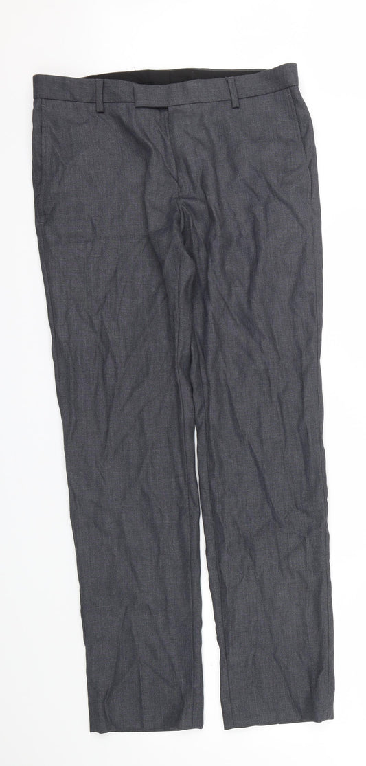 Front view of Preworn men’s grey trousers, size 32, in, 29-inch leg