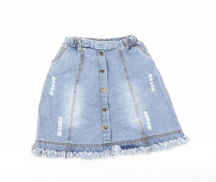 Preworn Girls Blue  Denim A-Line Skirt Size 13 Years - button front distressed