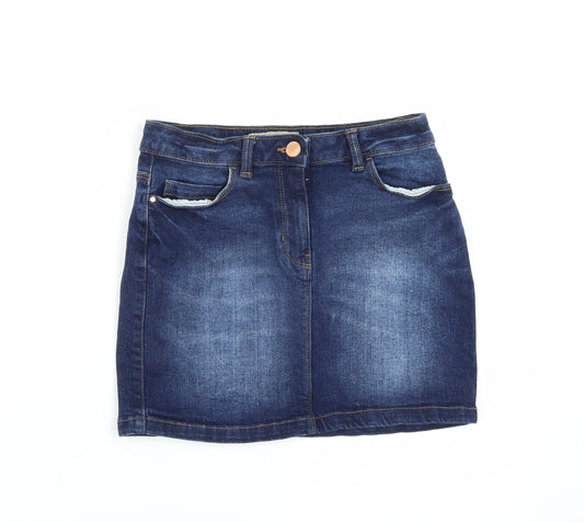 Front view of Next girls’ blue denim a-line skirt, size 10, years