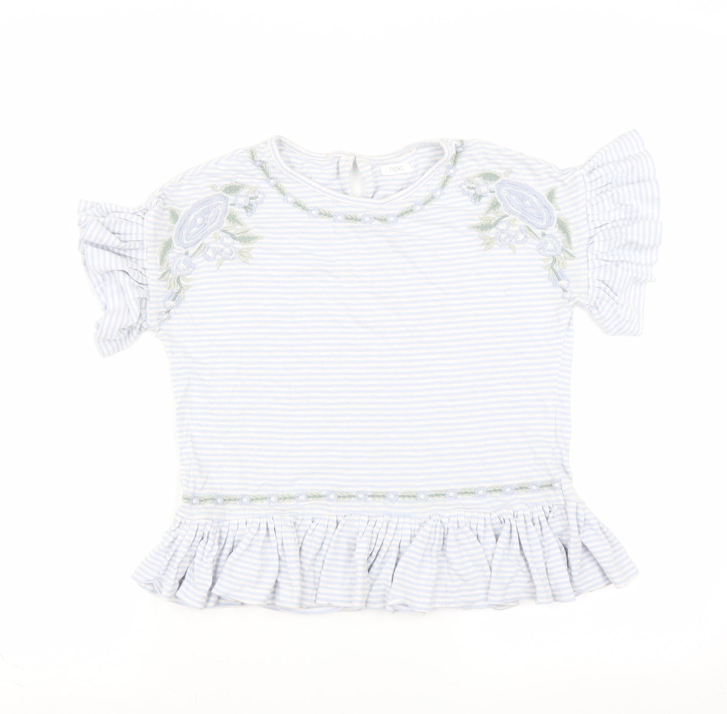 NEXT Girls Blue Striped  Basic T-Shirt Size 11 Years  - Floral embroidery