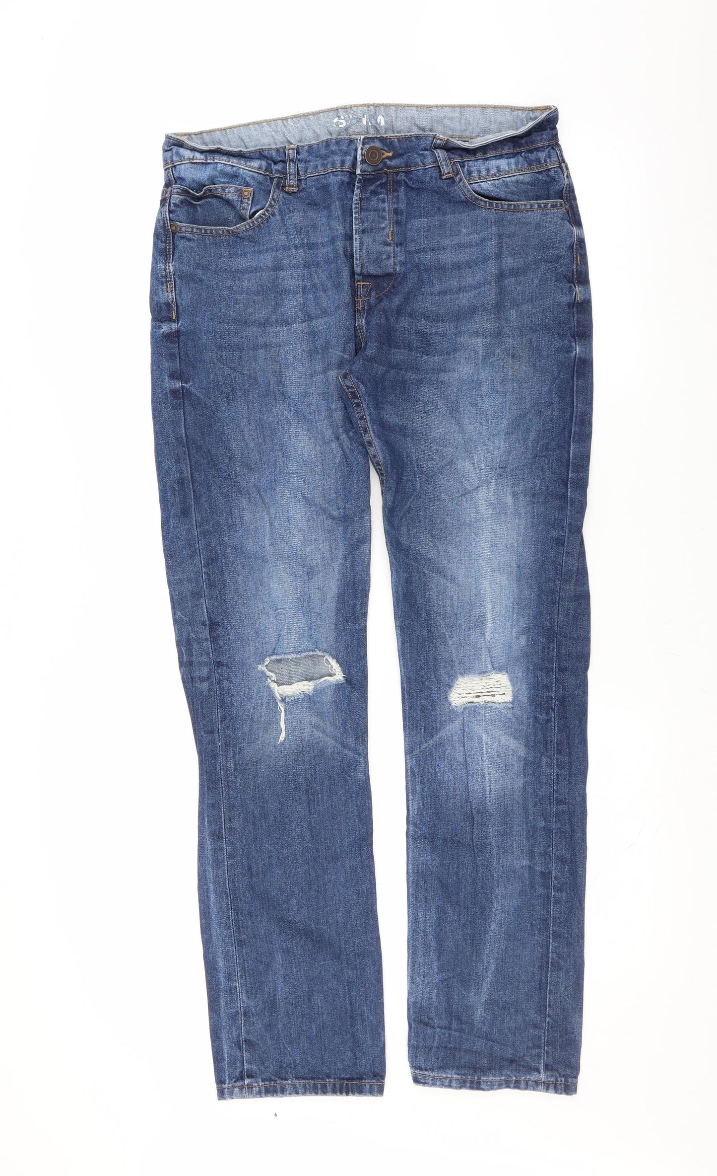 Peacocks Mens Blue  Denim Straight Jeans Size 34 in L31 in - distressed
