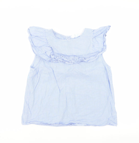 Front view of Primark women’s blue striped basic blouse, size UK 12, - ruffle detail