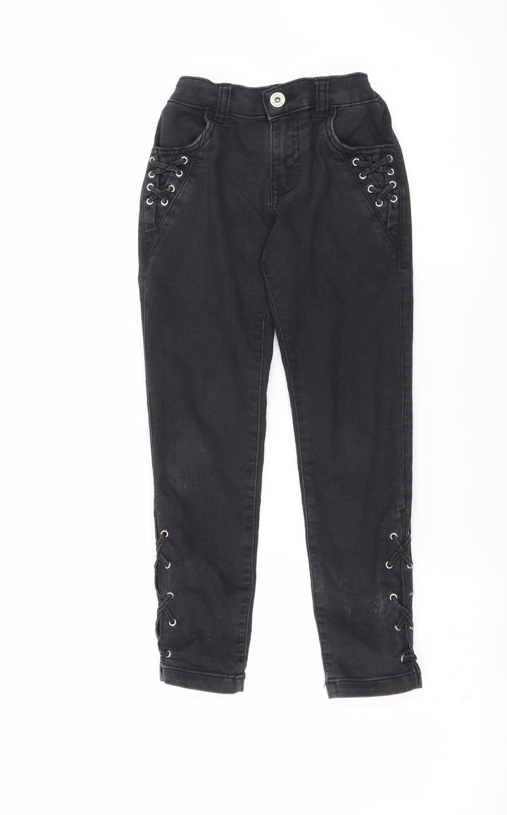 Blue Zoo Girls Black Denim Skinny Jeans Size 7 Years - tie side leg detail