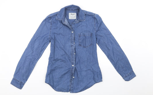Front view of Denim & Co. women’s blue basic button-up, size UK 6