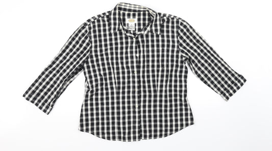 Front view of Talbots men’s black check button-up, size M