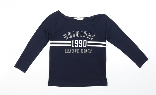 Front view of H&M girls’ blue basic t-shirt, size 13-14, years