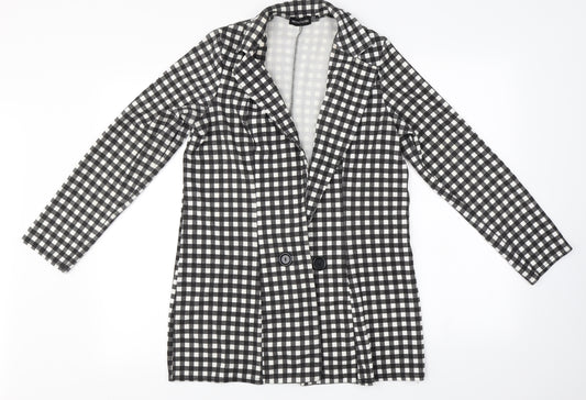 Front view of PRETTYLITTLETHING women’s black check cardigan jumper, size UK 6