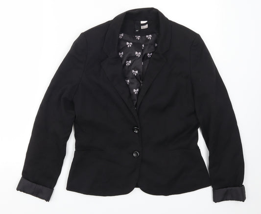 Front view of H&M women’s black jacket suit jacket, size UK 12