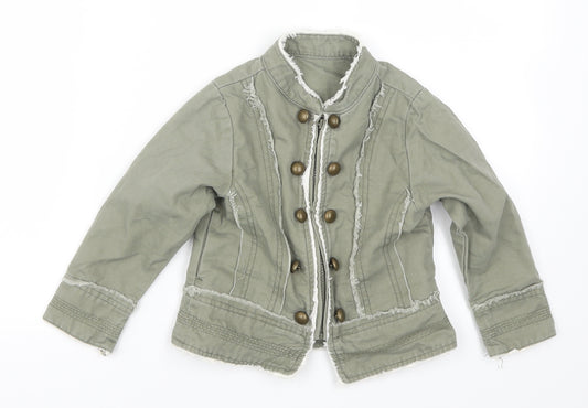 Front view of Mothercare girls’ green denim jacket, size 3-4, years