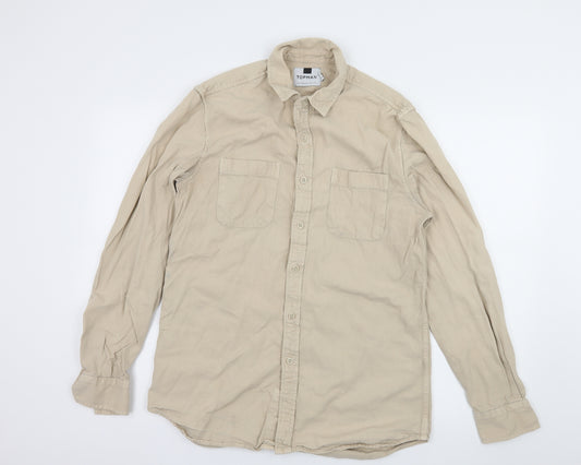 Front view of Topman men’s beige button-up, size M