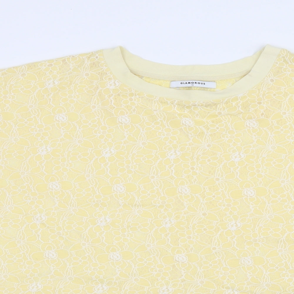 Glamourous Womens Yellow Floral Jersey Basic T-Shirt Size 10