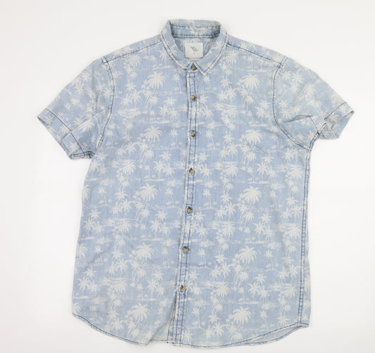 Front view of Cedarwood State men’s blue geometric denim button-up, size L, - palm tree