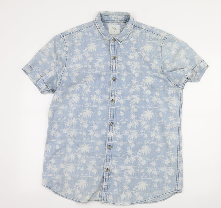 Cedar Wood State Mens Blue Geometric Denim  Button-Up Size L  - Palm Tree