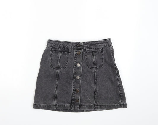 Front view of Topshop women’s grey denim mini skirt, size UK 26, in
