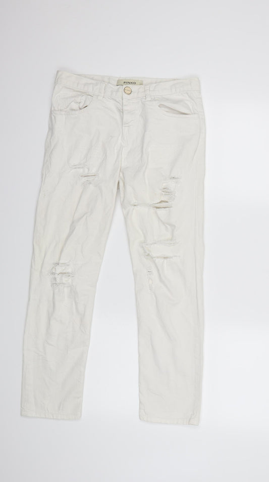 Front view of PINKO women’s white denim cropped jeans, size UK 25, in, 25-inch leg