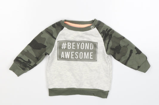 Front view of Primark boys’ multicoloured camouflage jumper, size 3-6, months