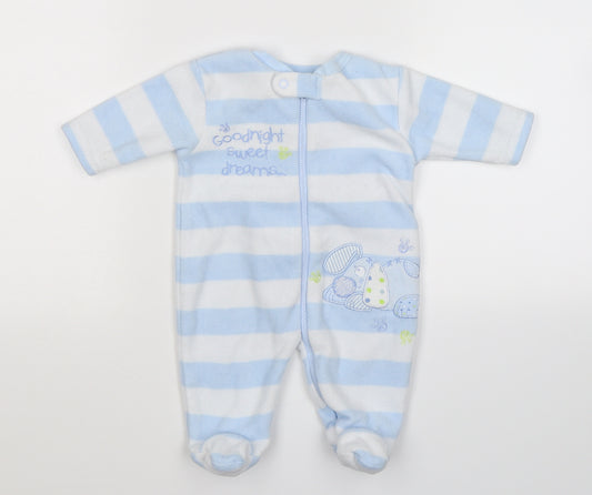 Front view of George boys’ blue striped fleece babygrow one-piece size newborn